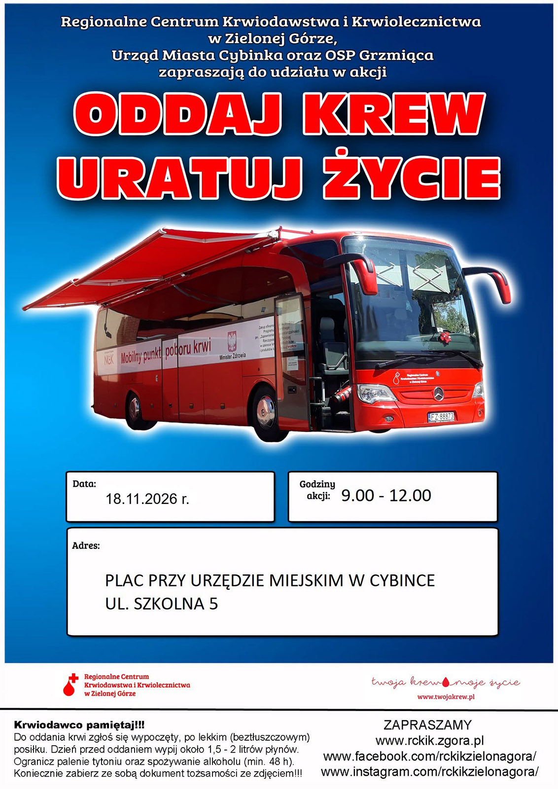 Oddaj krew w Cybince. W listopadzie krwiobus stanie przy Urzędzie Miejskim