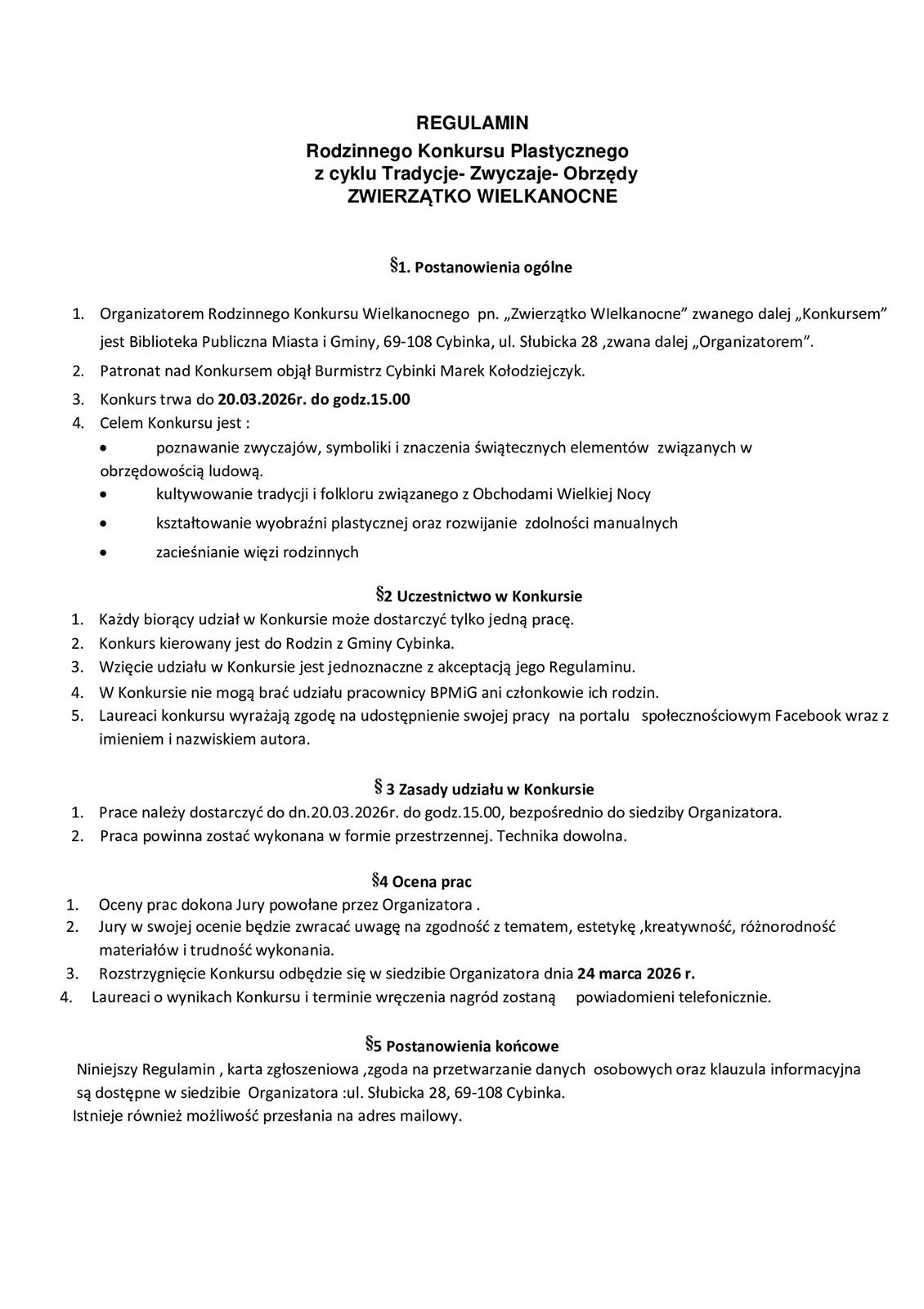 konkurs wielkanocny cybinka regulamin