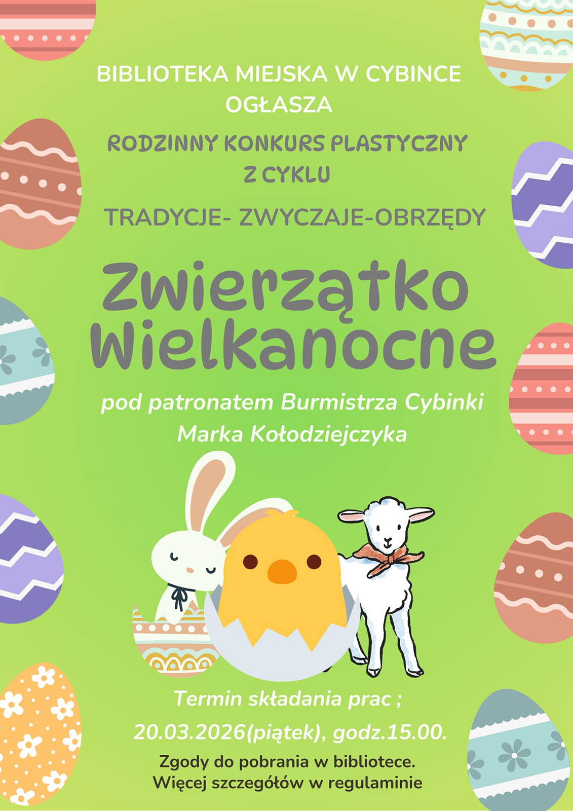 Biblioteka w Cybince ogłosiła konkurs plastyczny pod hasłem "Zwierzątko Wielkanocne"
